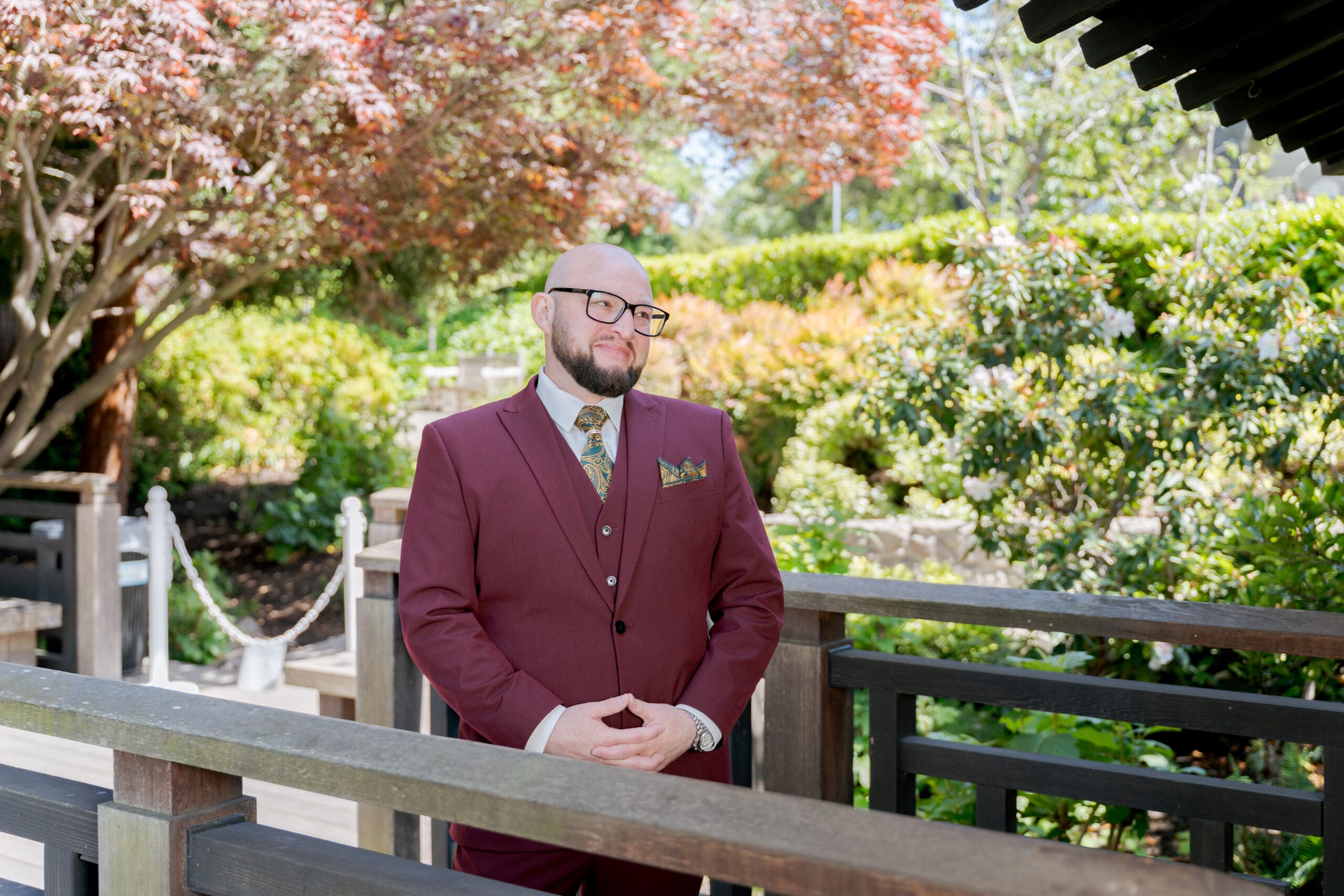 Groom's Reaction to the First Look at the Piedmont Community Hall Wedding Japanese Tea Garden Pagoda