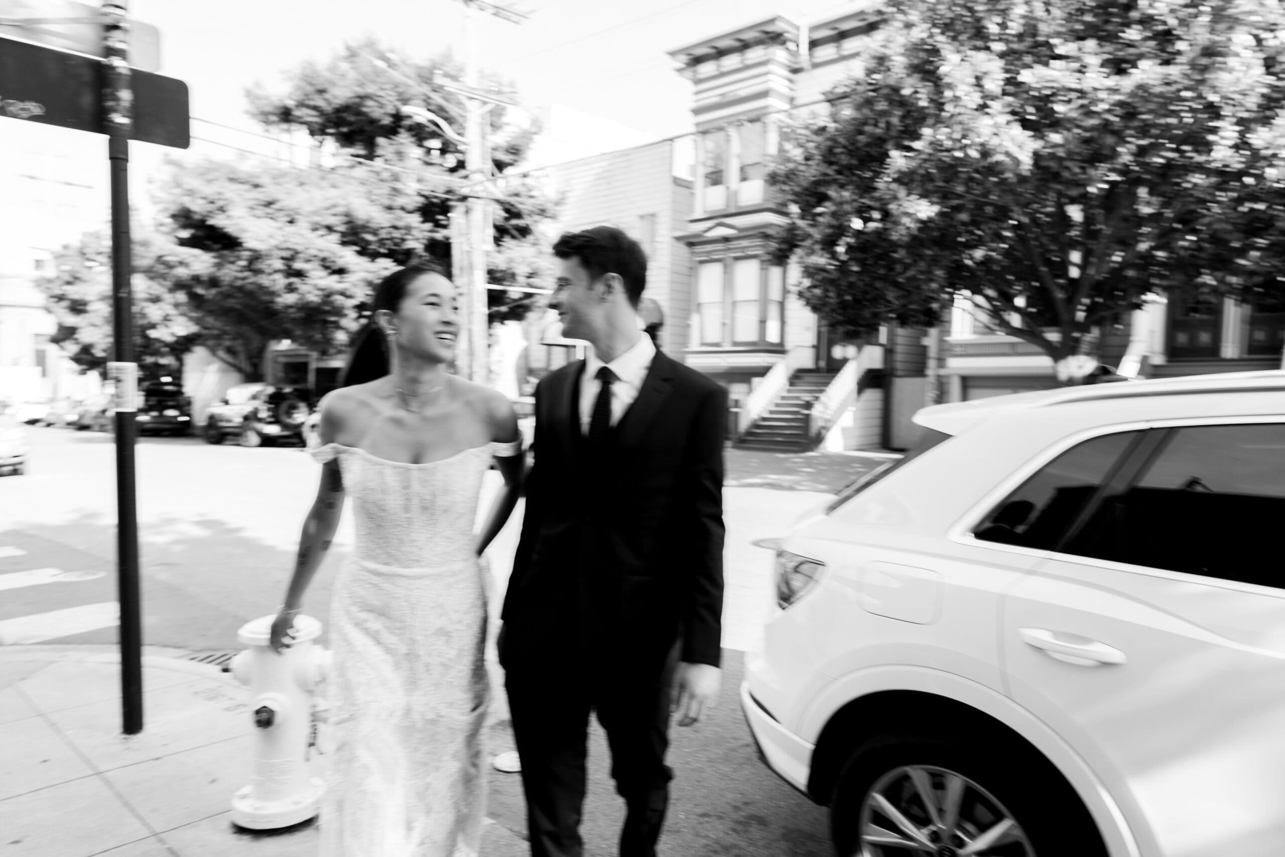 Bride and Groom walking to their dinner reception at Foreign Cinema