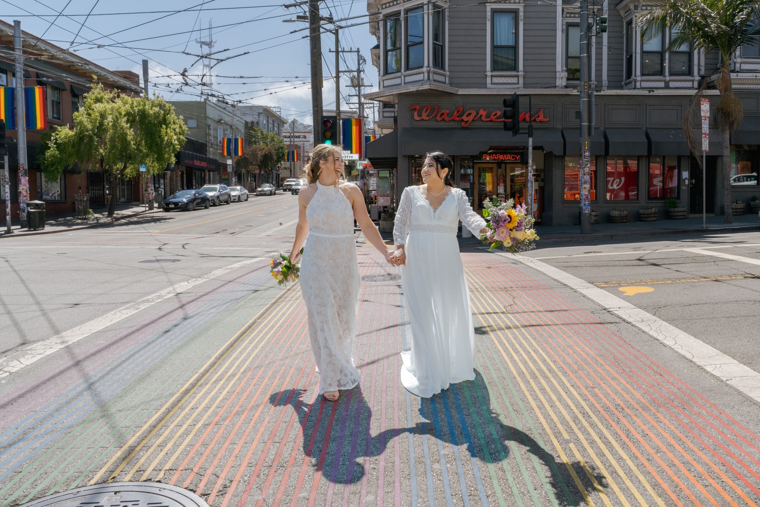 Rainbow crossing in the Castro district for wedding day portraits