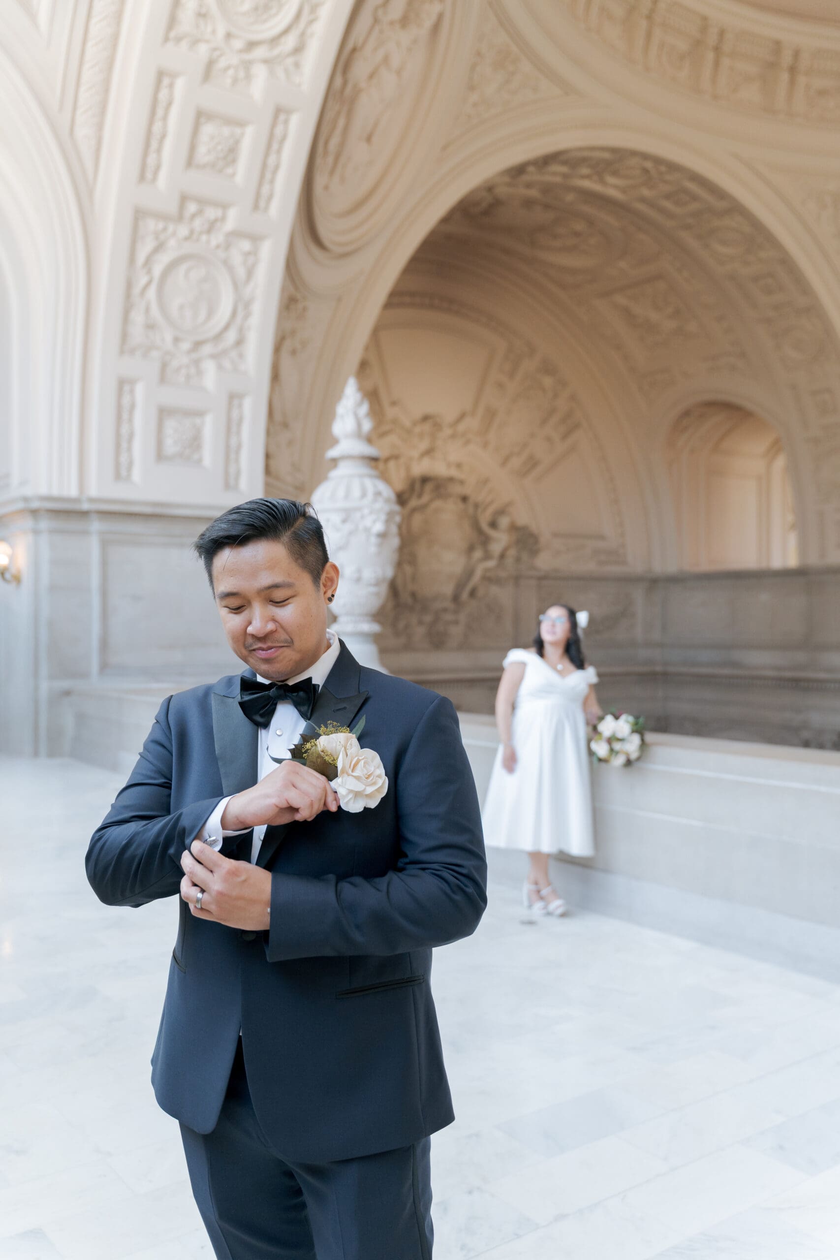 Midnight navy blue tuxedo at San Francisco City Hall