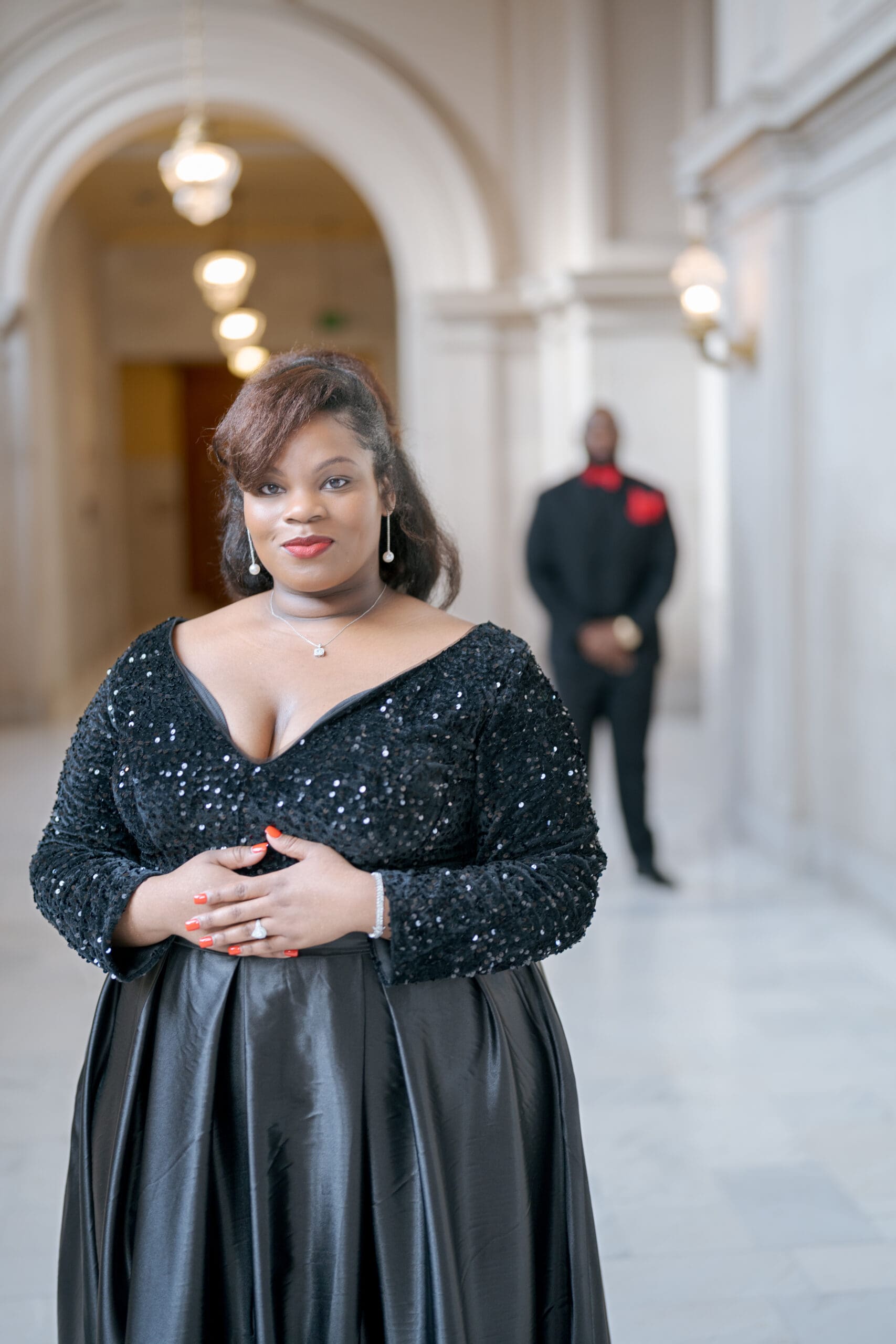 Sparkly black dress at San Francisco City Hall