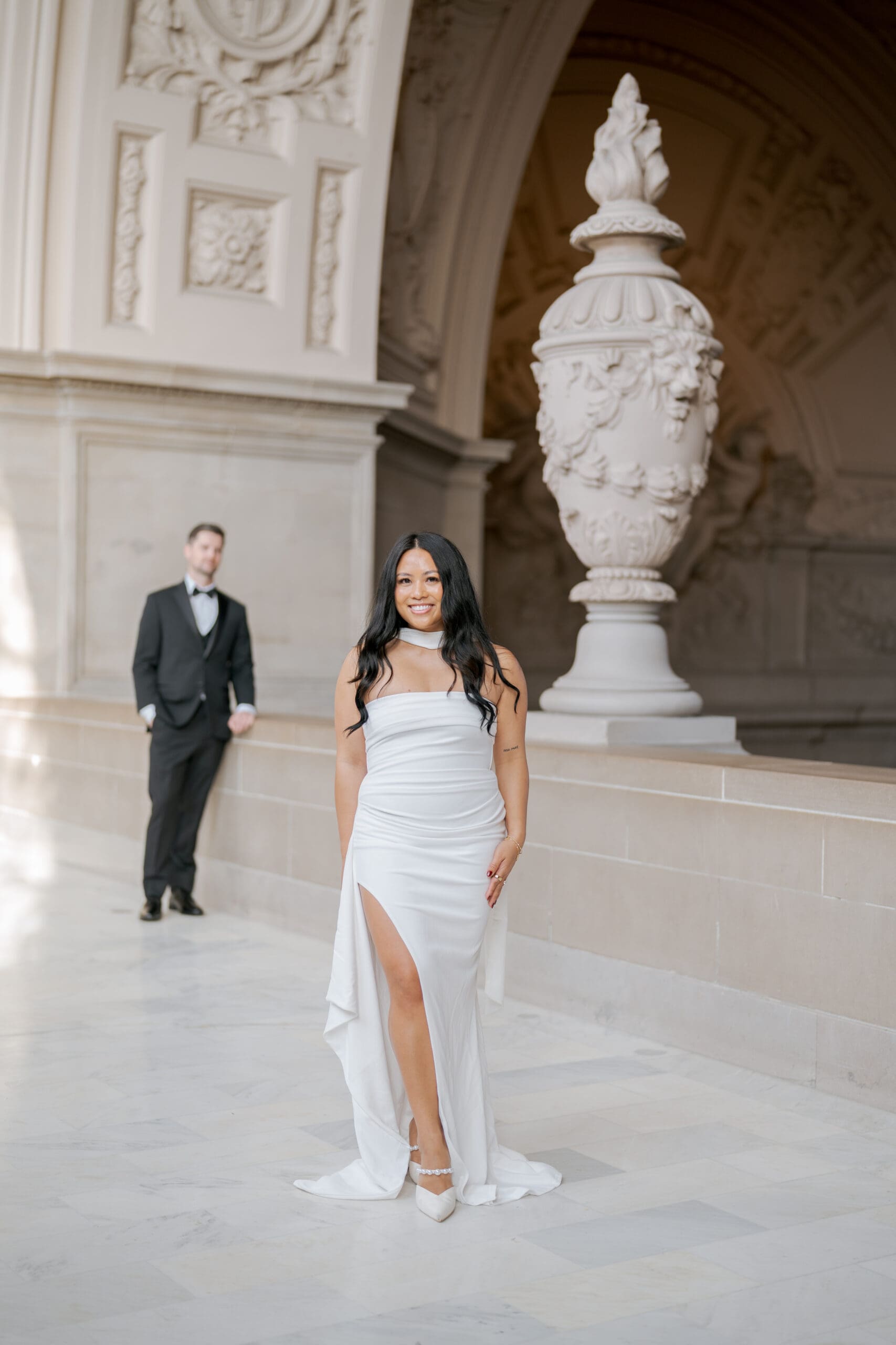 Bridal portrait in the soft natural light of the fourth floor of San Francisco City Hall