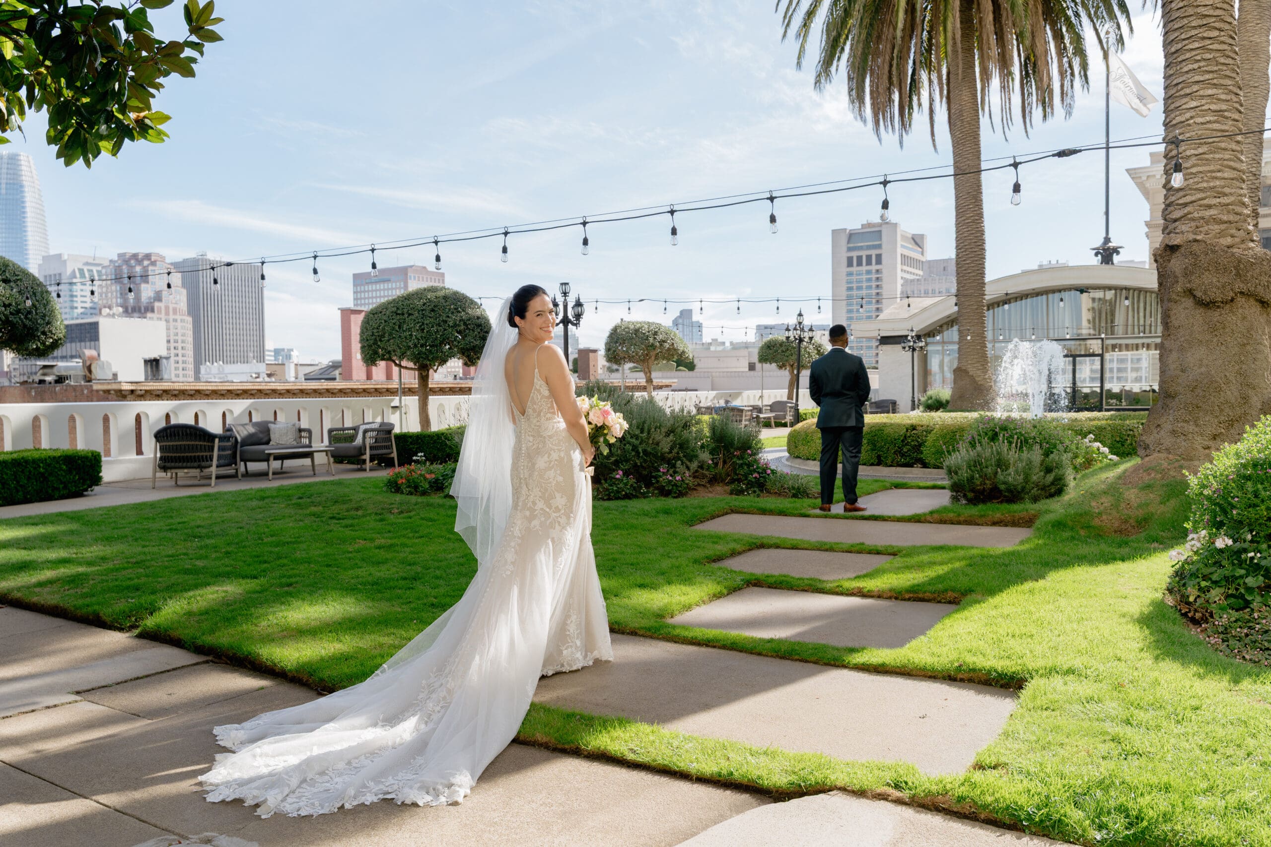 Bride and groom during first look at Fairmont Hotel San Francisco