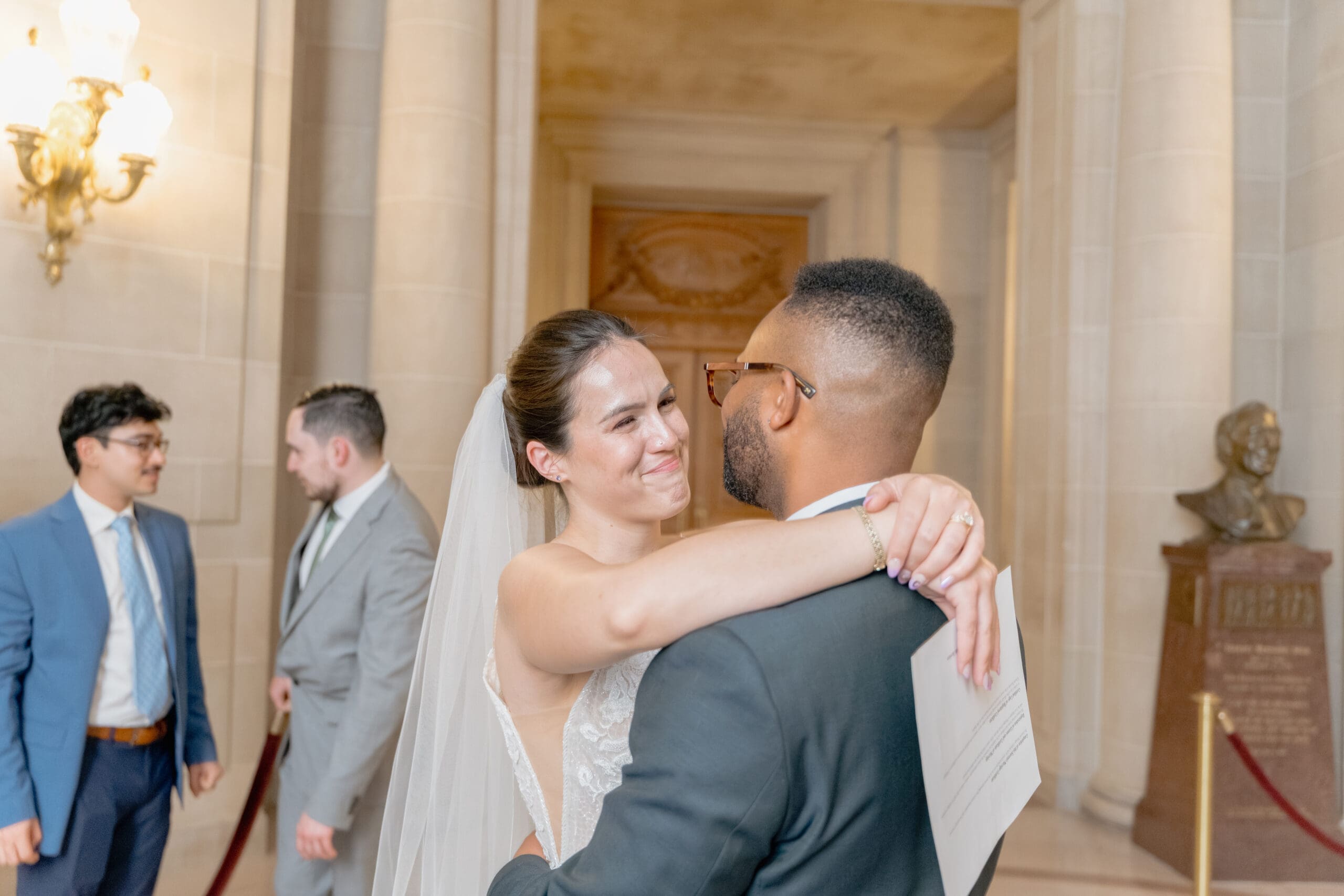 Emotional reaction during civil ceremony vows at San Francisco City Hall