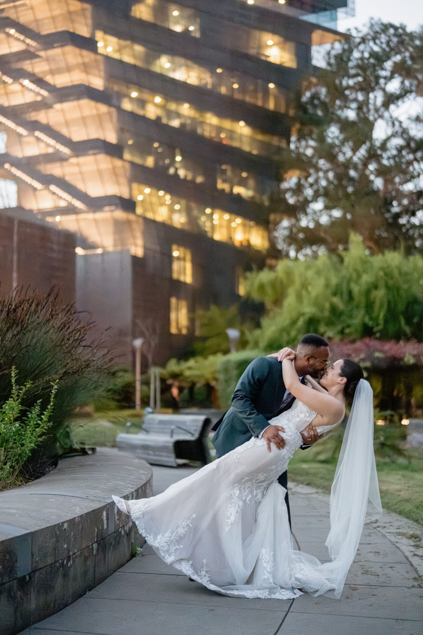 Sunset wedding portrait outside the de Young Museum in Golden Gate Park