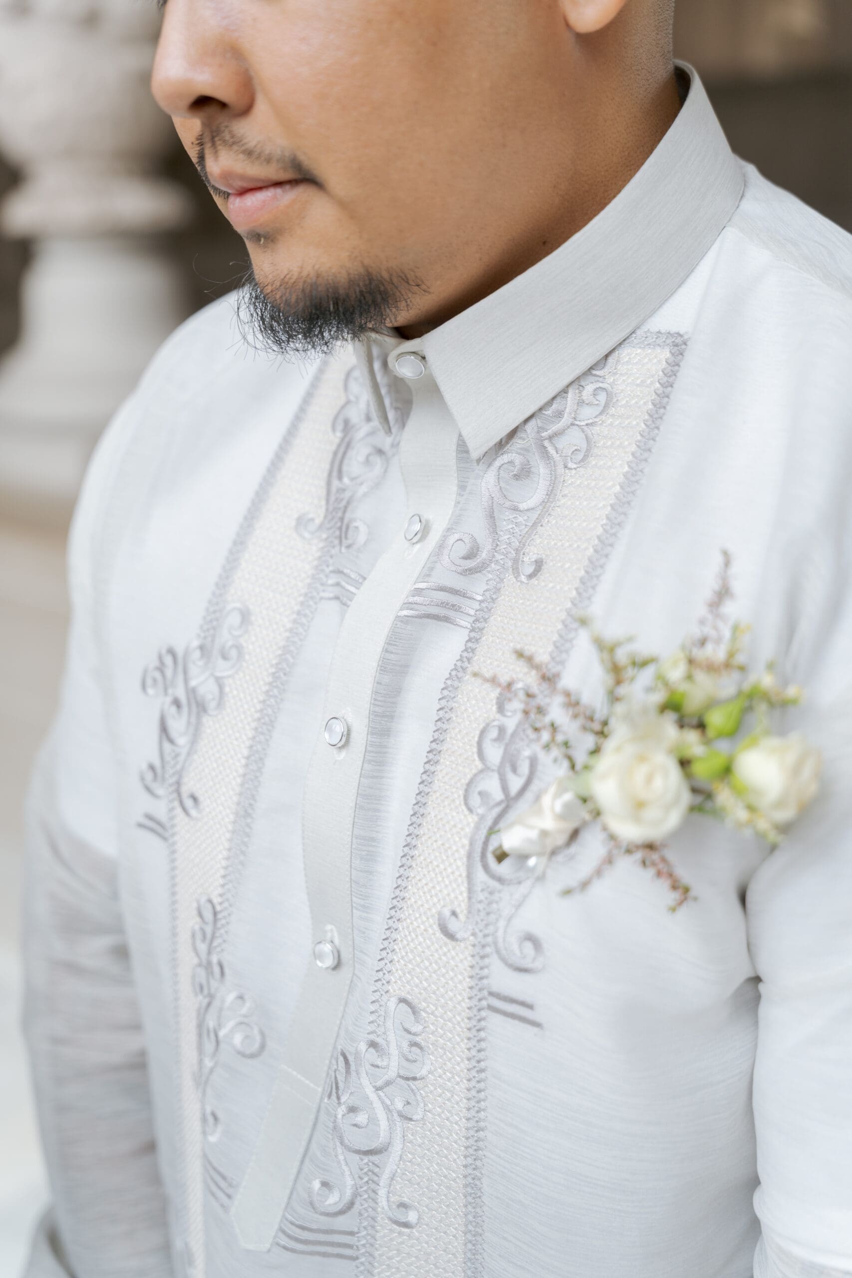 Details of a groom's Barong Tagalong after a San Francisco City Hall Civil Ceremony