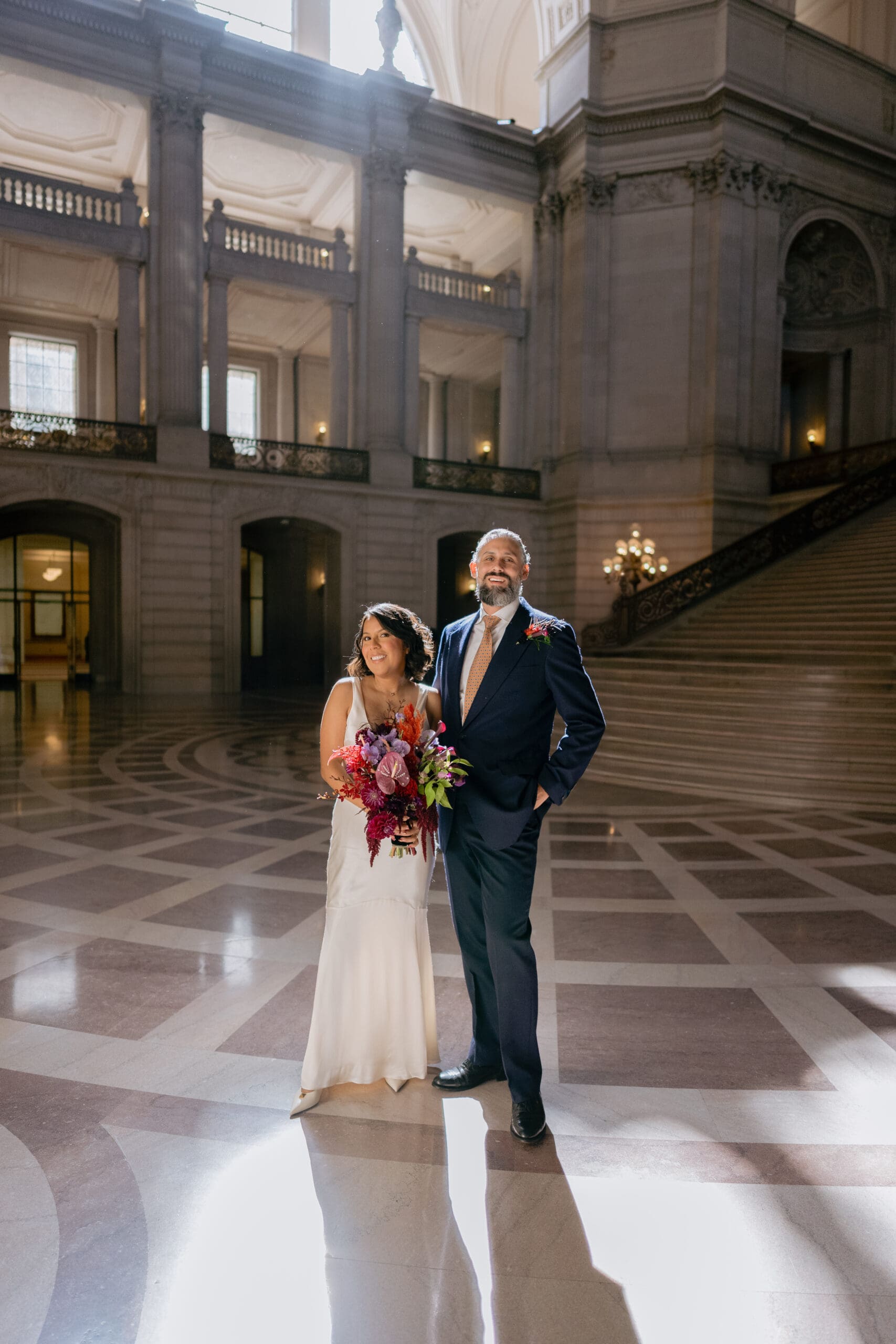 Wide shot of the Beaux-Arts architecture and ornate rotunda at San Francisco City Hall.