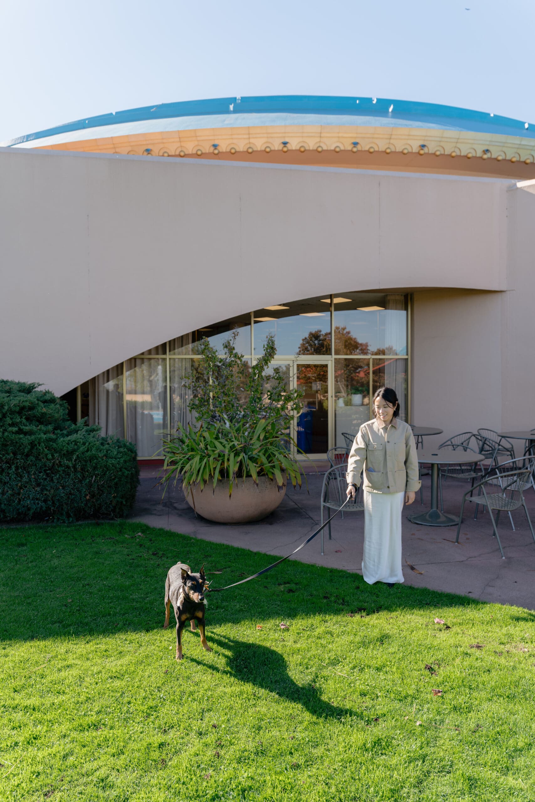 Elopement couple posing with their dog on the green grounds of the Marin County Civic Center Garden