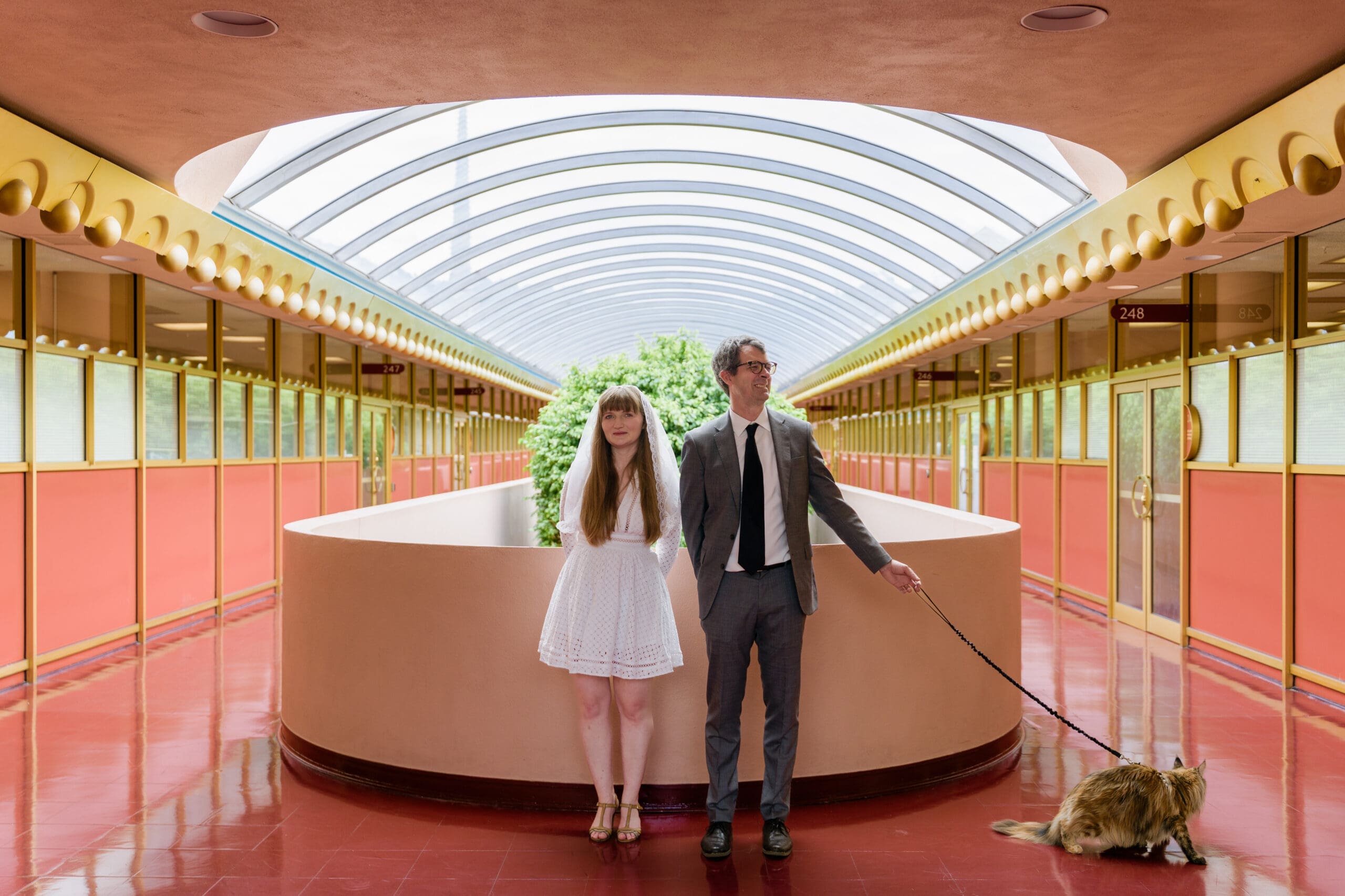 Wedding couple and their cat pose for a portrait on the top floor of Marin County Civic Center