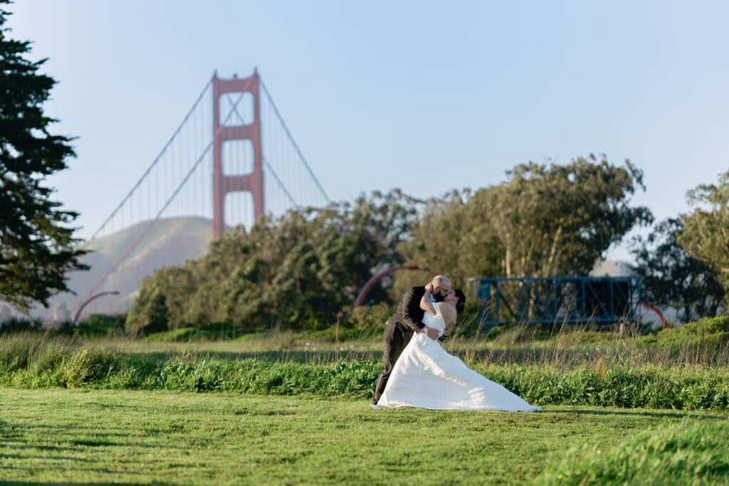 Golden hour portraits at the Log Cabin outdoor lawn with the view of the Golden Gate Bridge tower