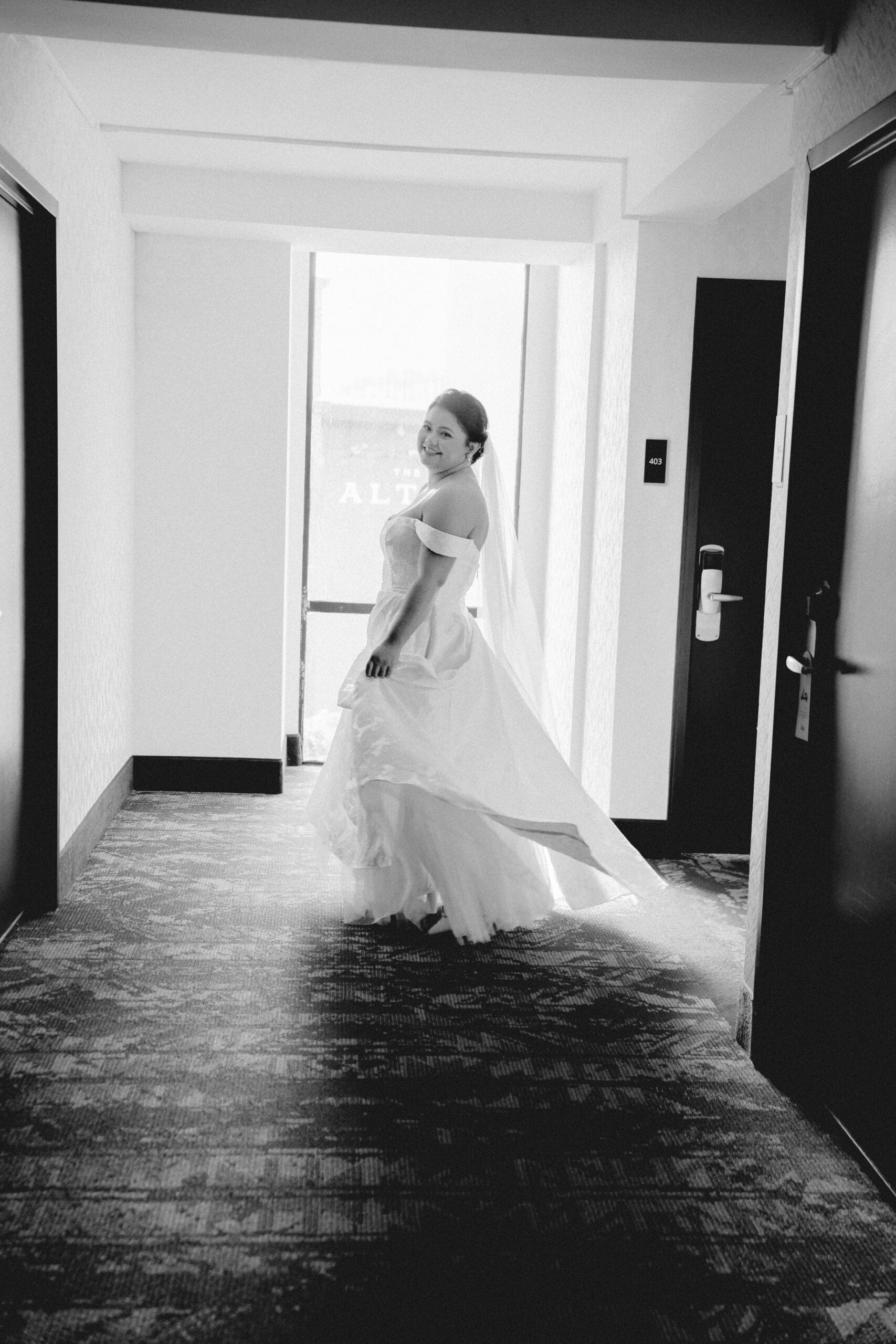 Black and white bridal portrait at the San Francisco hotel before the first look