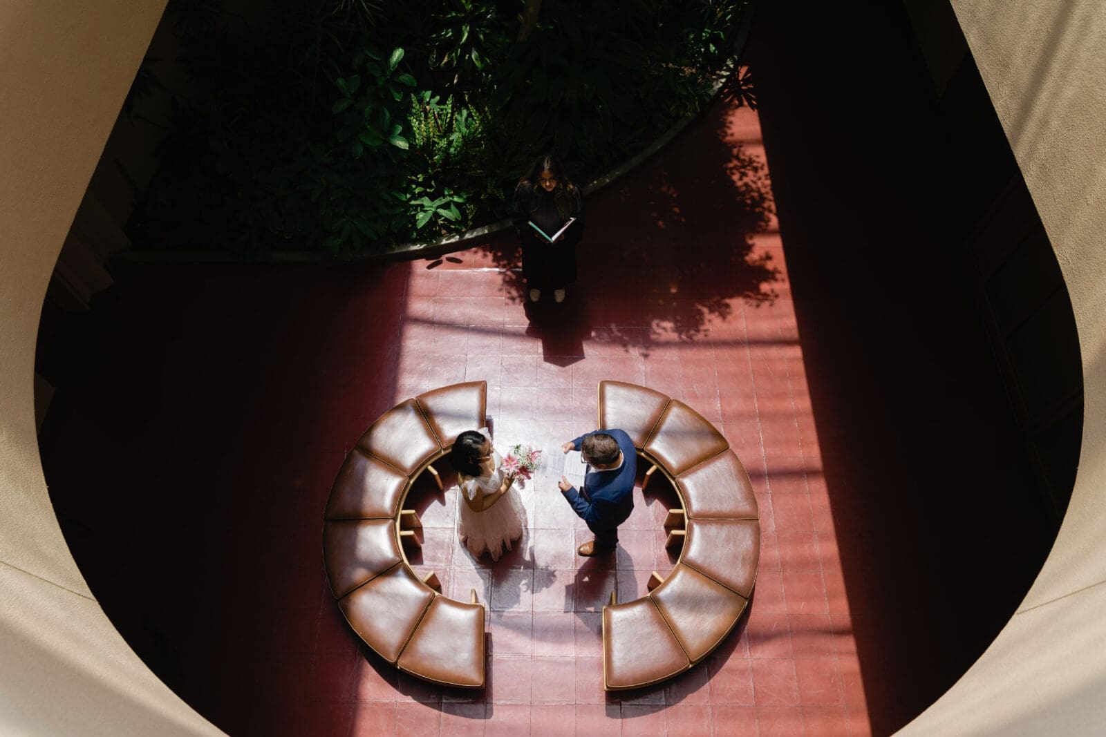 top-down view of marriage ceremony at Marin County Civic Center